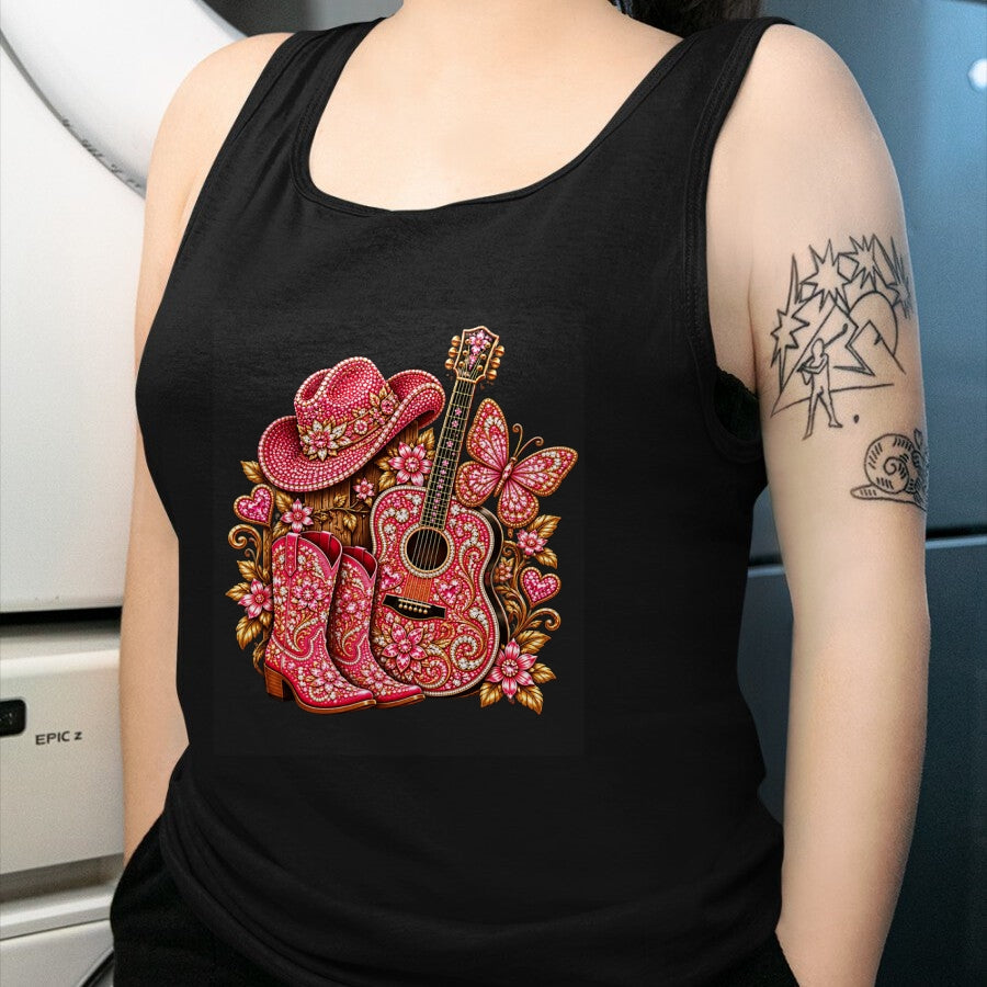 Guitar Lover Shirt, Funny Guitar UnisexT-Shirt/Hoodie/Sweatshirt HLT00 - Bedazzled Butterfly Pink Cowboy Guitar Country T-Shirt