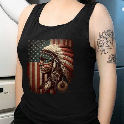 Native American T-Shirts, Vintage Native American Unisex T-Shirt/Hoodie/Sweatshirt HLT00 - Native American Indian Chief American USA Flag (1)