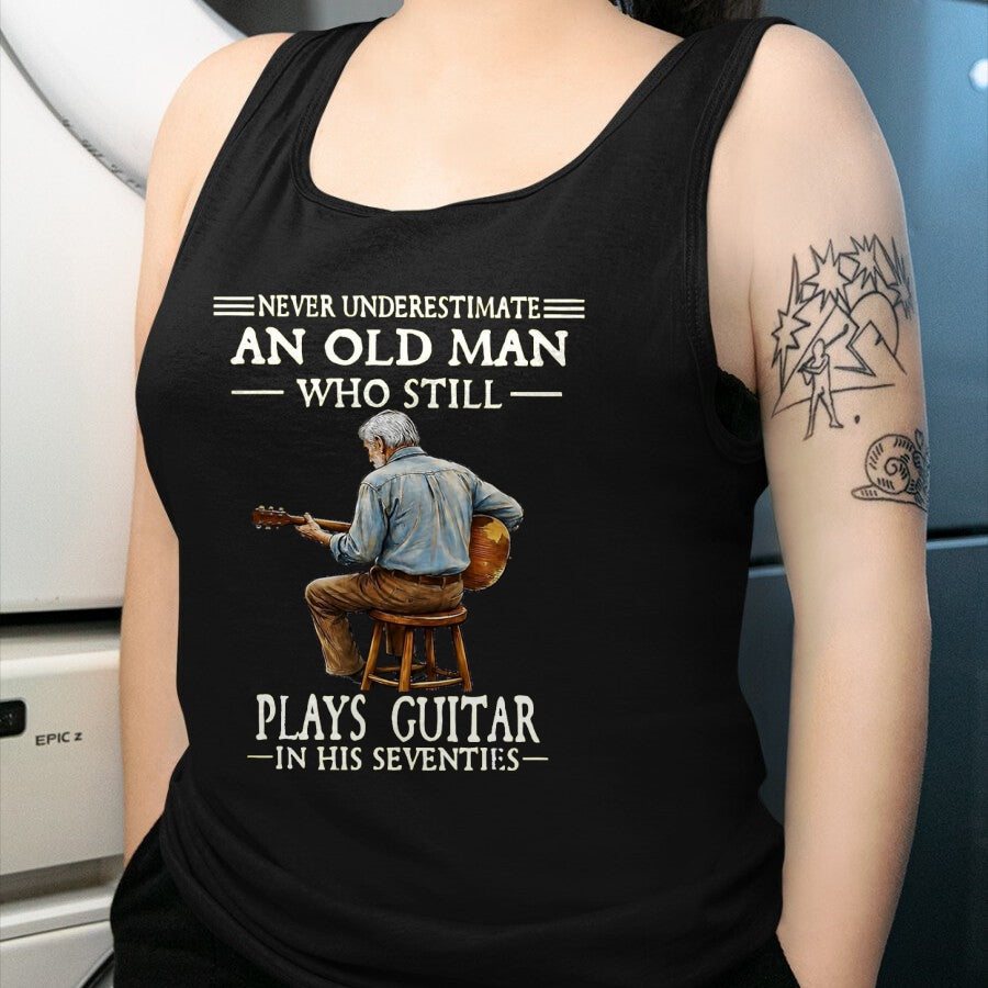 Guitar Lover Shirt, Funny Guitar UnisexT-Shirt/Hoodie/Sweatshirt HLT00 - Never Underestimate an Old Man Who Plays Guitar Seventies T-Shirt, Men, Heather Blue, Medium