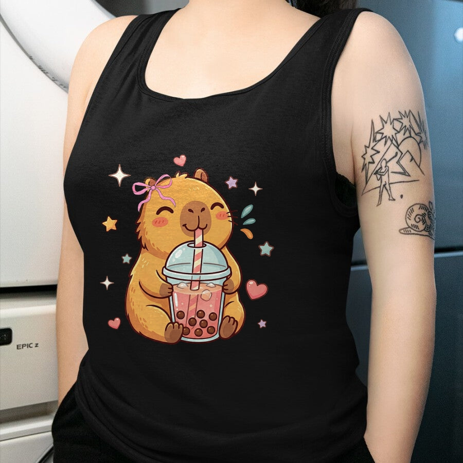 Cute Capybara Shirt, Funny Capybara Unisex T-Shirt/Hoodie/Sweatshirt HLT00 - Cute Capybara Anime Drinking Bubble Boba Tea Kawaii Girl Kid T-Shirt
