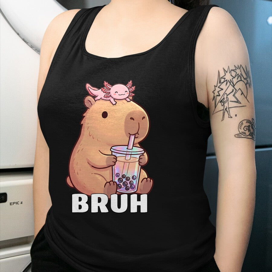 Cute Capybara Shirt, Funny Capybara Unisex T-Shirt/Hoodie/Sweatshirt HLT00 - Cute Bruh Capybara Drinking Bubble Tea Axolotl Funny Kawaii T-Shirt