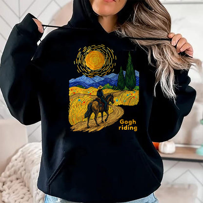 Best Horse Lover Shirt , Funny Horse UnisexT-Shirt/Hoodie/Sweatshirt HLT00 - Gogh Riding Funny Van Gogh Horse Starry Night Cowboy T-Shirt