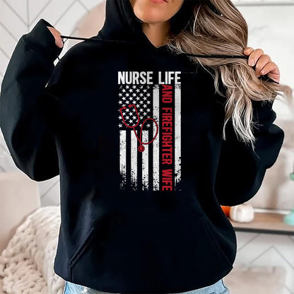 Funny Nurse Shirt, Nurse Unisex T-Shirt/Hoodie/Sweatshirt HLT00 - Nurse Life And Firefighter Wife Nurse Fire Wife Nurse Long Sleeve T-Shirt