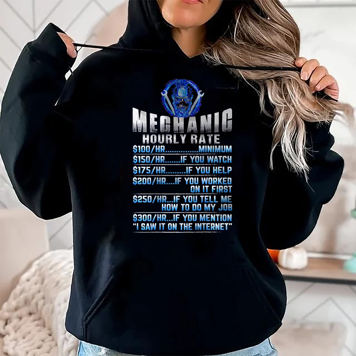 Best Mechanic Life Shirt, Funny Mechanic UnisexT-Shirt/Hoodie/Sweatshirt HLT00 - Mechanic Hourly Rate Skull (on Back) T-Shirt