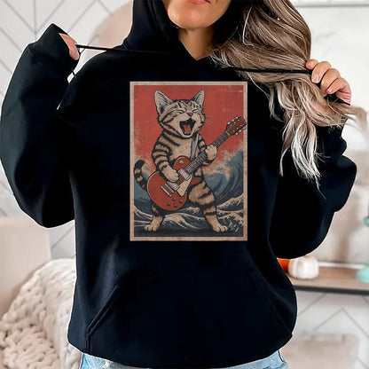 Guitar Lover Shirt, Funny Guitar UnisexT-Shirt/Hoodie/Sweatshirt HLT00 - Cat Playing Guitar Men Women Distressed Rock and Roll T-Shirt, Men, Black, Large