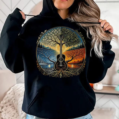 Guitar Lover Shirt, Funny Guitar UnisexT-Shirt/Hoodie/Sweatshirt HLT00 - Acoustic Guitar by the Lake Seasons Nature Music T-Shirt, Men, Black, X-Large