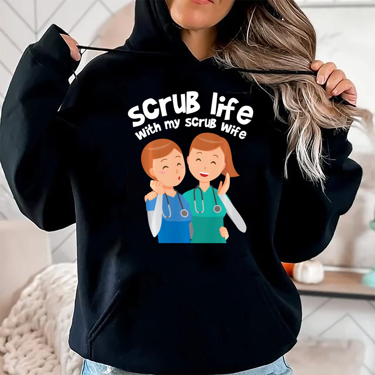 Funny Nurse Shirt, Nurse Unisex T-Shirt/Hoodie/Sweatshirt HLT00 - Funny Nurse Medical Assistant Scrub Life With My Scrub Wife Long Sleeve T-Shirt