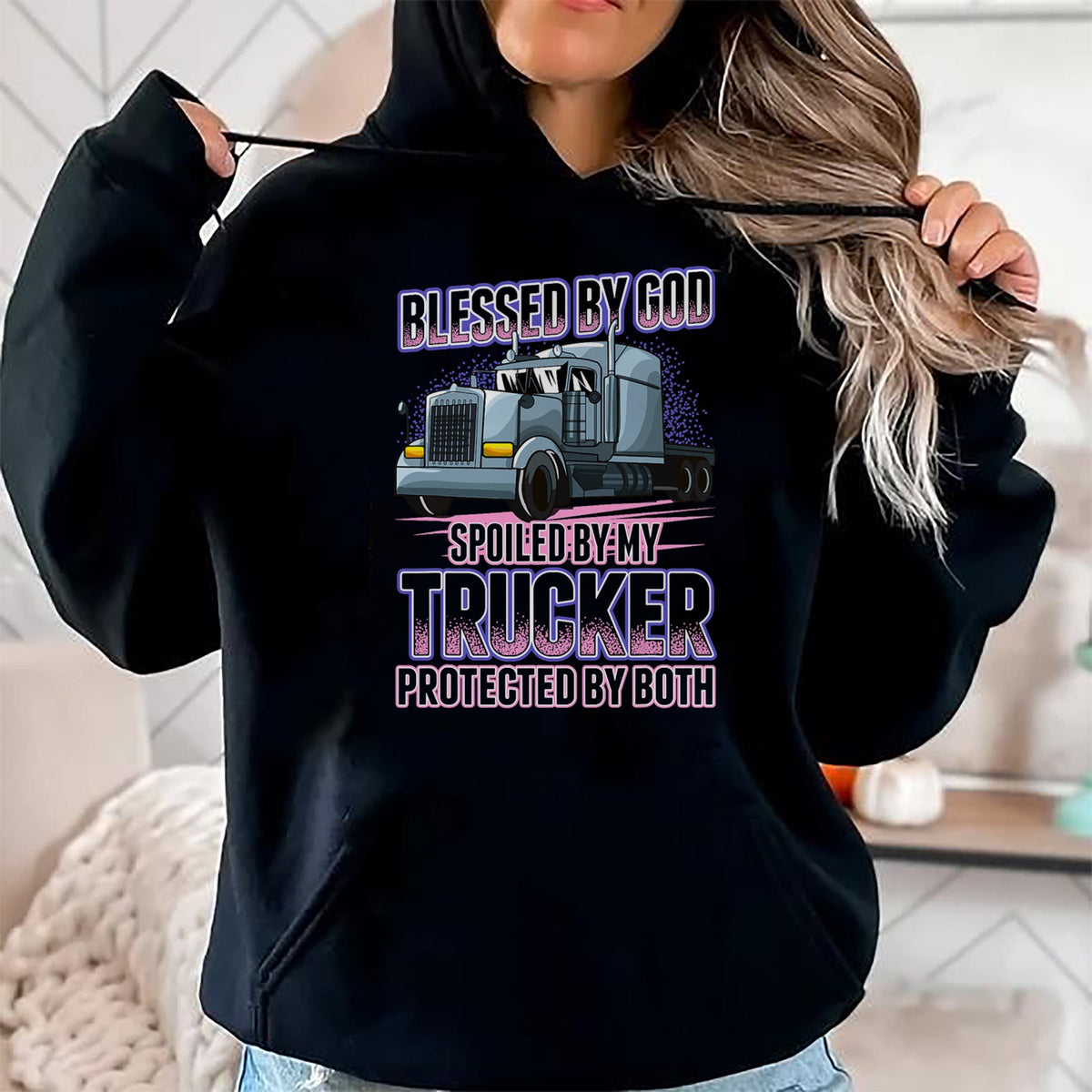 Best Wife Shirt, Wife and Husband Unisex T-Shirt/Hoodie/Sweatshirt HLT00 - Gift for wife T shirt, spoiled wife   Blessed by God Spoiled by my Trucker Funny Trucker Wife T-Shir (1)