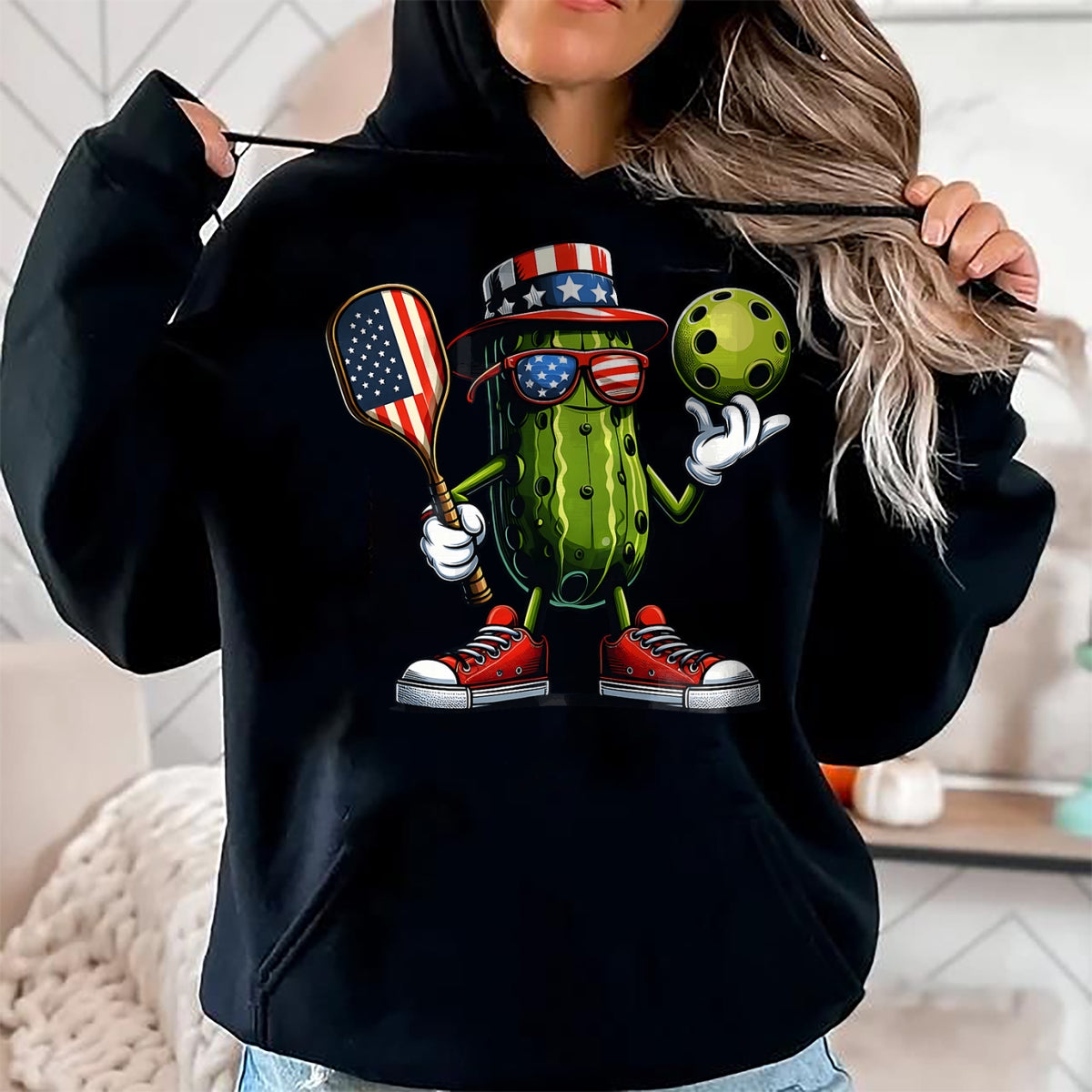 Funny Pickleball Shirt, Pickleball Lover Unisex T-Shirt/Hoodie/Sweatshirt HLT00 - 4th of July Patriotic Pickle Playing pickleball Paddle T-Shirt