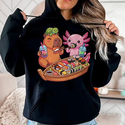 Cute Capybara Shirt, Funny Capybara Unisex T-Shirt/Hoodie/Sweatshirt HLT00 - Kawaii Capybara Axolotl Sushi Nigiri Chopsticks Anime Food T-Shirt