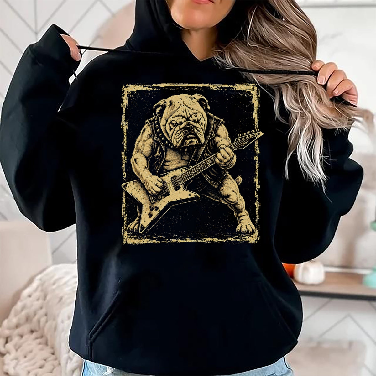 Guitar Lover Shirt, Funny Guitar UnisexT-Shirt/Hoodie/Sweatshirt HLT00 - Funny Bulldog Dog Playing Guitar Rock Punk Vintage T-Shirt