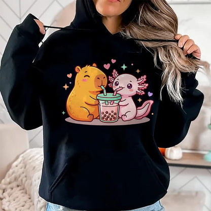 Cute Capybara Shirt, Funny Capybara Unisex T-Shirt/Hoodie/Sweatshirt HLT00 - Cute Capybara and Axolotl Bubble Tea Boba Girls Kawaii T-Shirt