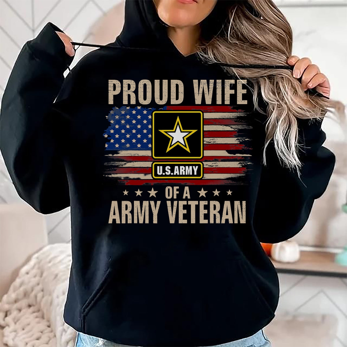 Proud Veteran Shirt, Funny Veteran UnisexT-Shirt/Hoodie/Sweatshirt HLT00 - Vintage Proud Wife of A Army Veteran with American Flag T-Shirt