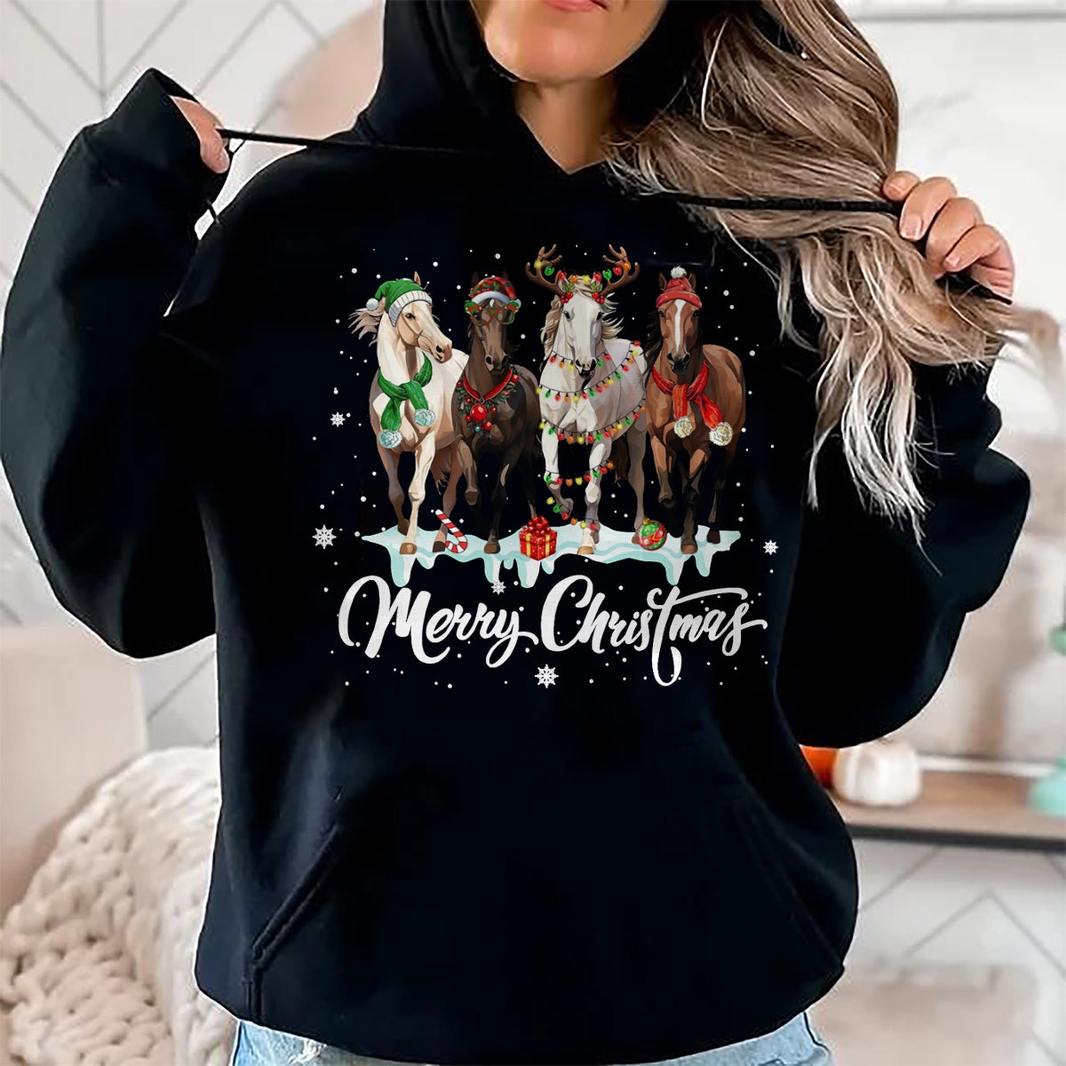 Best Horse Lover Shirt , Funny Horse UnisexT-Shirt/Hoodie/Sweatshirt HLT00 - Merry Christmas Horse Lover Santa Hat Xmas Holiday Snow Long Sleeve T-Shirt