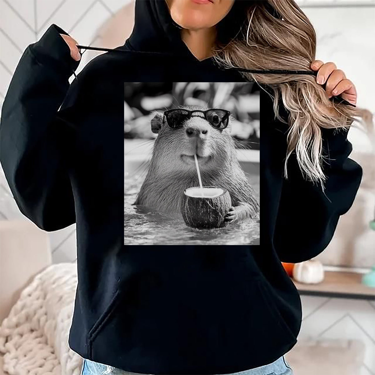Cute Capybara Shirt, Funny Capybara Unisex T-Shirt/Hoodie/Sweatshirt HLT00 - Capybara Selfie with Sunglasses and Coconut Drink T-Shirt