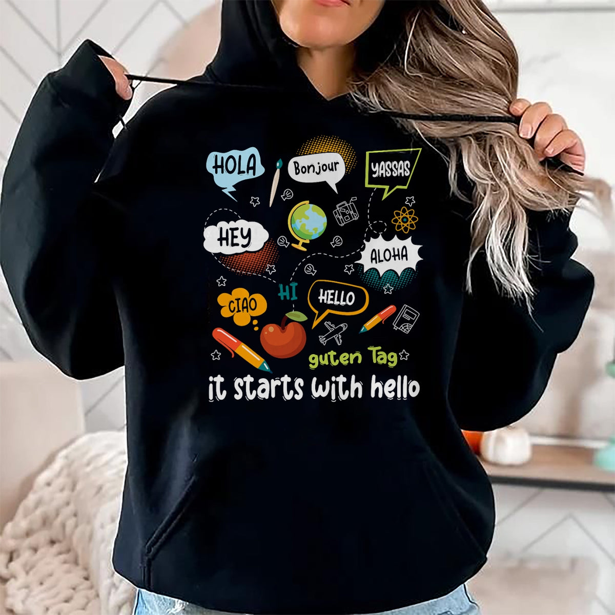 Best Teacher Shirt, Funny Teacher UnisexT-Shirt/Hoodie/Sweatshirt HLT00 - Friendship Inclusion Language Teacher It Starts with Hello T-Shirt