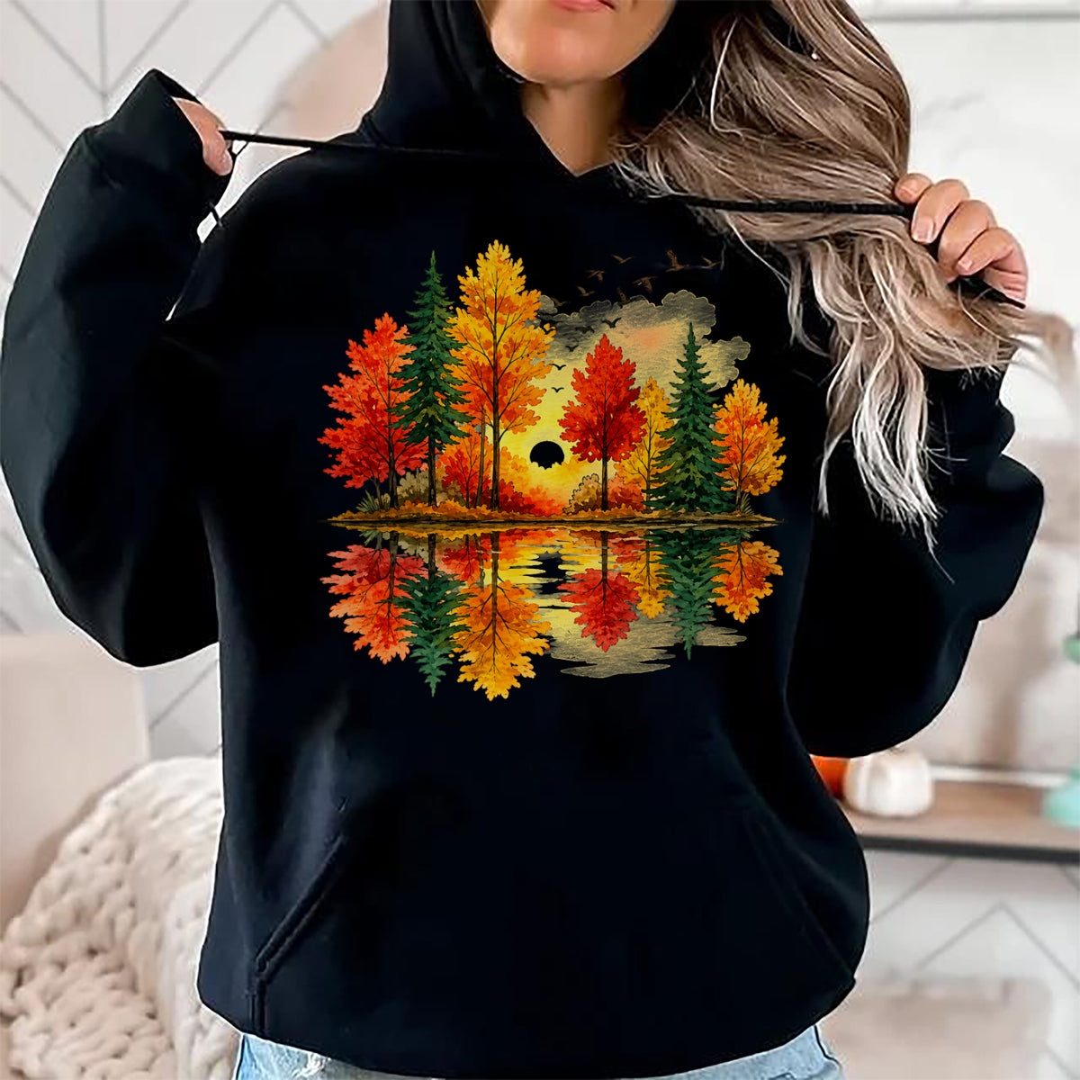 Best Thanksgiving Family Shirt , Funny Thanksgiving UnisexT-Shirt/Hoodie/Sweatshirt HLT00 - Retro Autumn Fall Leaves Forest Nature Lake Reflection T-Shirt