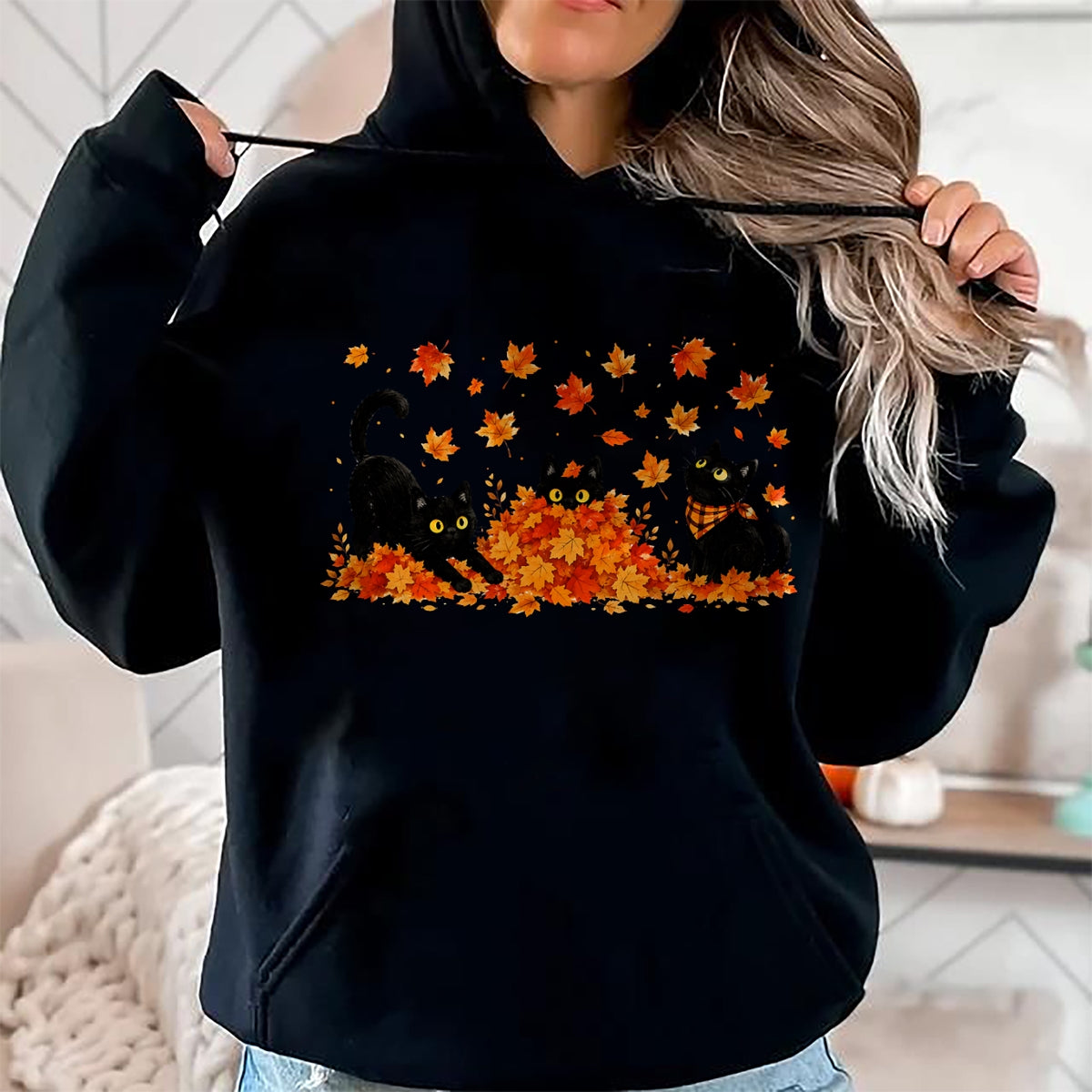 Best Thanksgiving Family Shirt , Funny Thanksgiving UnisexT-Shirt/Hoodie/Sweatshirt HLT00 - Cute Black Cats Playing in Fall Leaves Thanksgiving Autumn T-Shirt