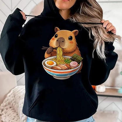 Cute Capybara Shirt, Funny Capybara Unisex T-Shirt/Hoodie/Sweatshirt HLT00 - Capybara Eating Ramen Noodles Japanese Kawaii Graphic T-Shirt