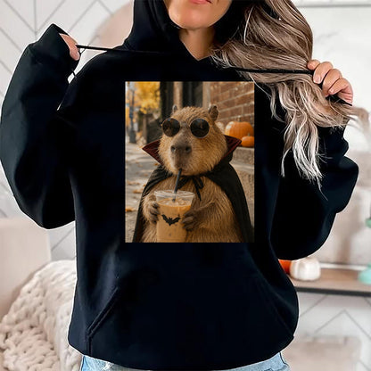 Cute Capybara Shirt, Funny Capybara Unisex T-Shirt/Hoodie/Sweatshirt HLT00 - Capybara Vampire Drinking Iced Coffee Halloween Funny Meme T-Shirt