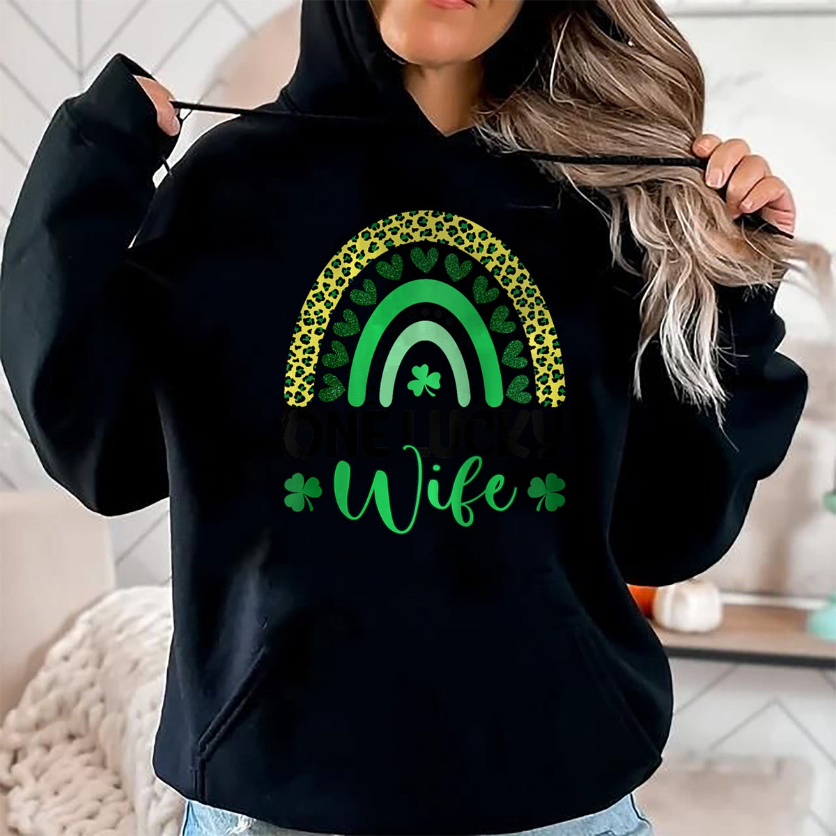 Best Wife Shirt, Wife and Husband Unisex T-Shirt/Hoodie/Sweatshirt HLT00 - Gift for wife T shirt, lucky wife   Womens One Lucky Wife Leopard Rainbow Saint Patrick's Day Raglan