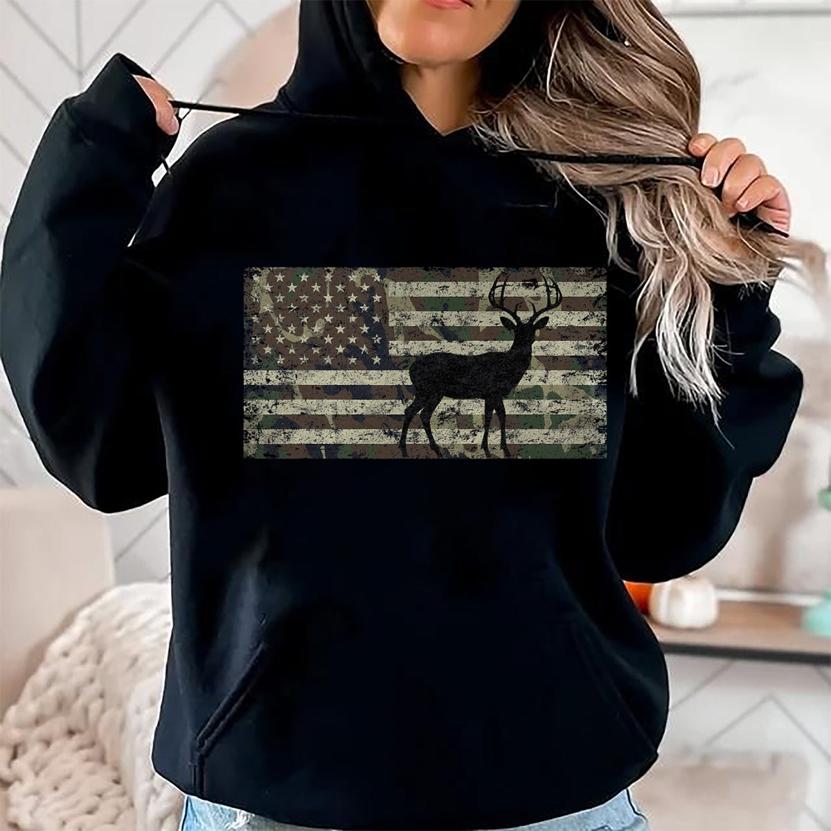 Funny Hunting Shirt, Gift For Hunting Lover Unisex T-Shirt/Hoodie/Sweatshirt HLT00 - Deer Hunting Camo American Flag Buck Standing Hunter Country T-Shirt