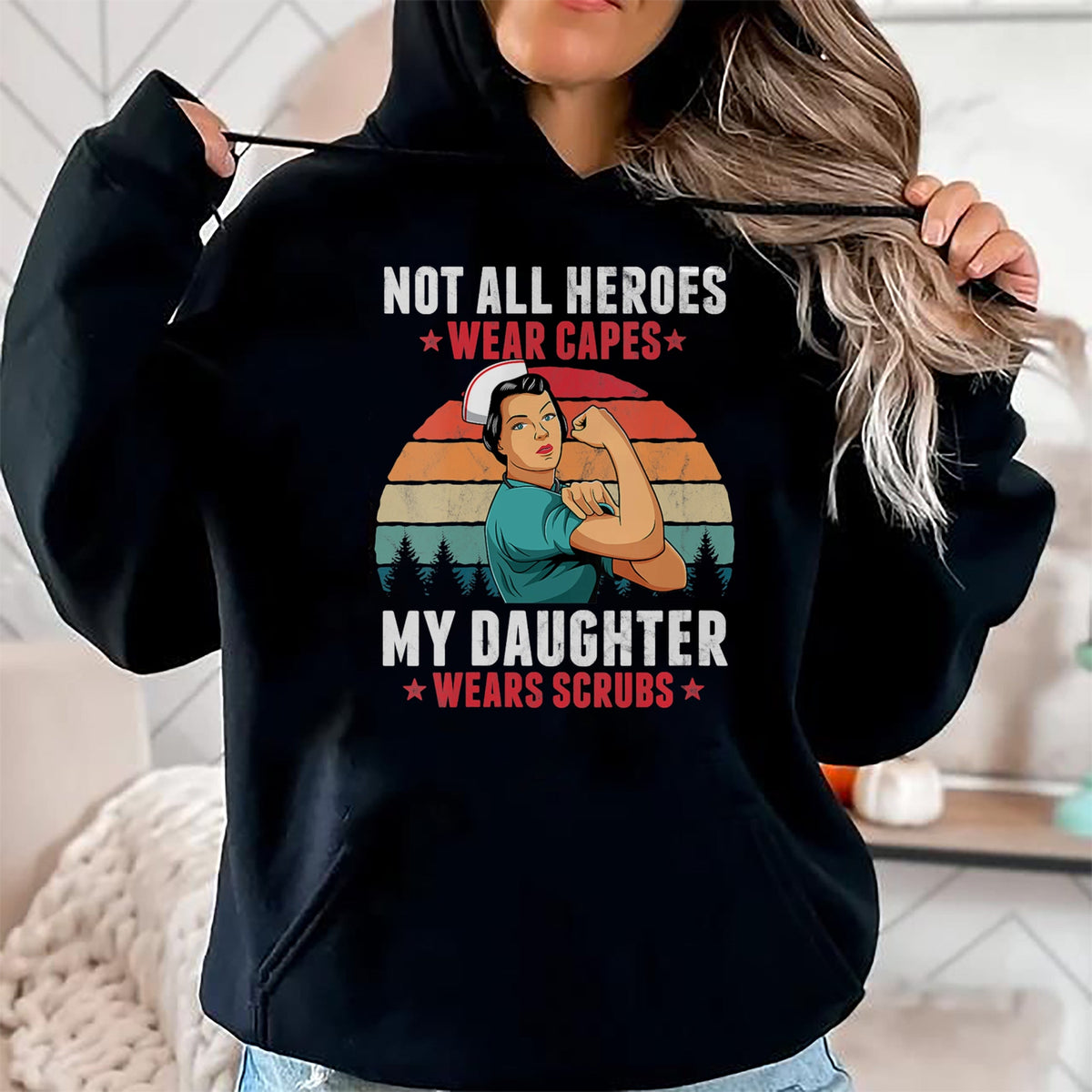 Funny Nurse Shirt, Nurse Unisex T-Shirt/Hoodie/Sweatshirt HLT00 - Womens Not All Heroes Wear Capes My Daughter Wears Scrubs Nurse V-Neck T-Shirt