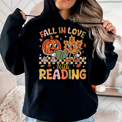 Best Teacher Shirt, Funny Teacher UnisexT-Shirt/Hoodie/Sweatshirt HLT00 - Fall in Love with Reading Autumn Pumpkin Teacher Book Lover T-Shirt