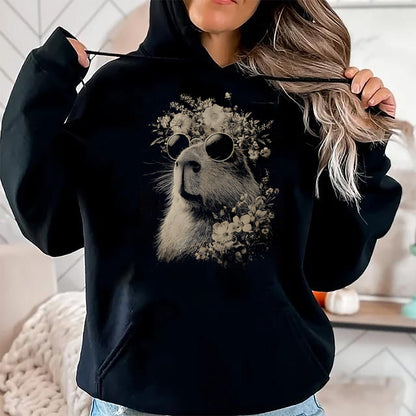 Cute Capybara Shirt, Funny Capybara Unisex T-Shirt/Hoodie/Sweatshirt HLT00 - Vintage Capybara with Sunglasses Floral Crown Boho Animal T-Shirt