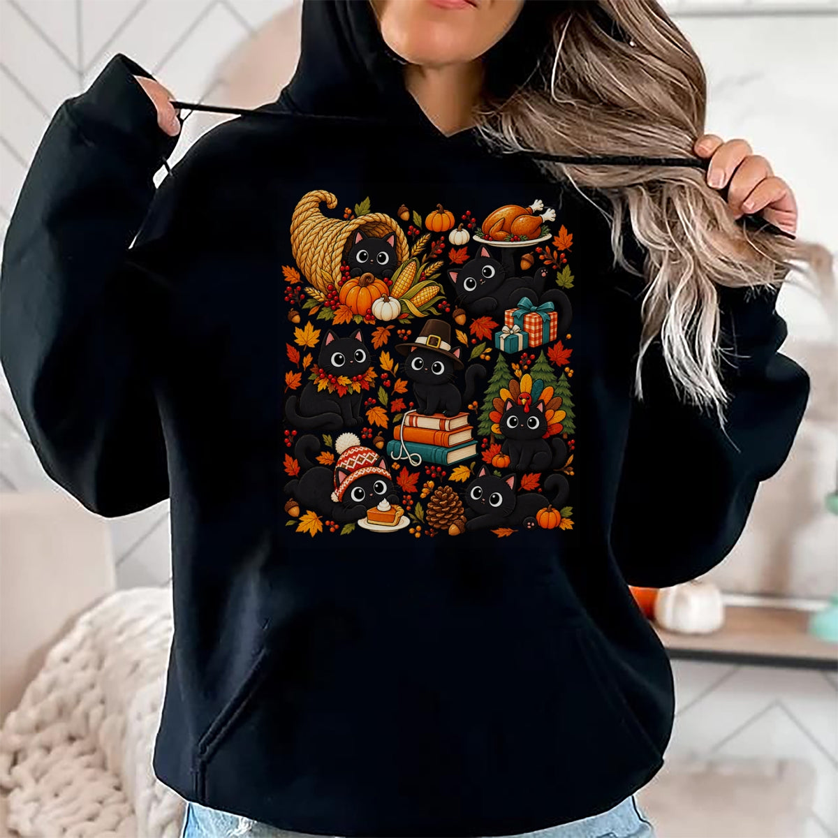 Best Thanksgiving Family Shirt , Funny Thanksgiving UnisexT-Shirt/Hoodie/Sweatshirt HLT00 - Cute Black Cats Thanksgiving Fall Harvest T-Shirt