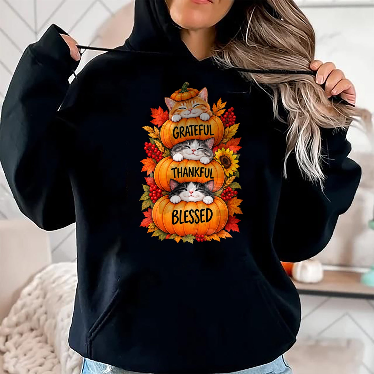 Best Thanksgiving Family Shirt , Funny Thanksgiving UnisexT-Shirt/Hoodie/Sweatshirt HLT00 - Grateful Thankful Blessed Cats Pumpkin Thanksgiving Fall T-Shirt