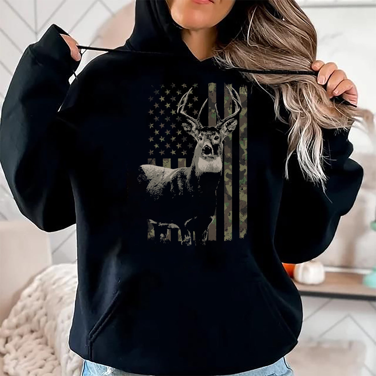 Funny Hunting Shirt, Gift For Hunting Lover Unisex T-Shirt/Hoodie/Sweatshirt HLT00 - Hunting Camo American Flag Deer Camouflage (Design on Back) Long Sleeve T-Shirt