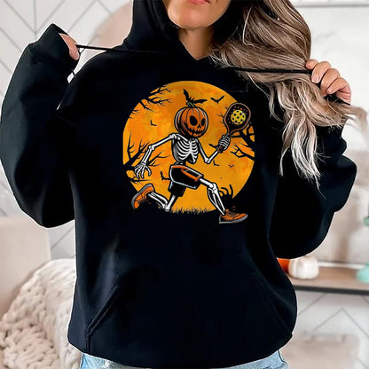 Funny Pickleball Shirt, Pickleball Lover Unisex T-Shirt/Hoodie/Sweatshirt HLT00 - Halloween Pickleball Pumpkin Skeleton Pickleball Halloween T-Shirt