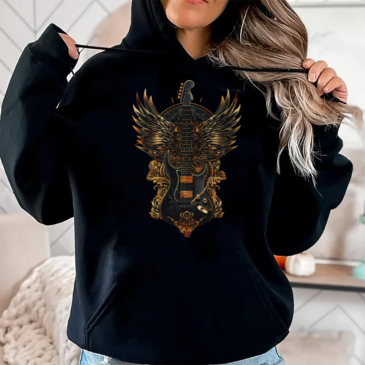 Guitar Lover Shirt, Funny Guitar UnisexT-Shirt/Hoodie/Sweatshirt HLT00 - Electric Guitar Graphic with Fiery Winged Silhouette in Blac T-Shirt