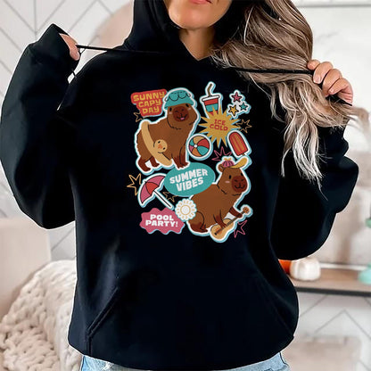 Cute Capybara Shirt, Funny Capybara Unisex T-Shirt/Hoodie/Sweatshirt HLT00 - Summer Capybaras Long Sleeve T-Shirt