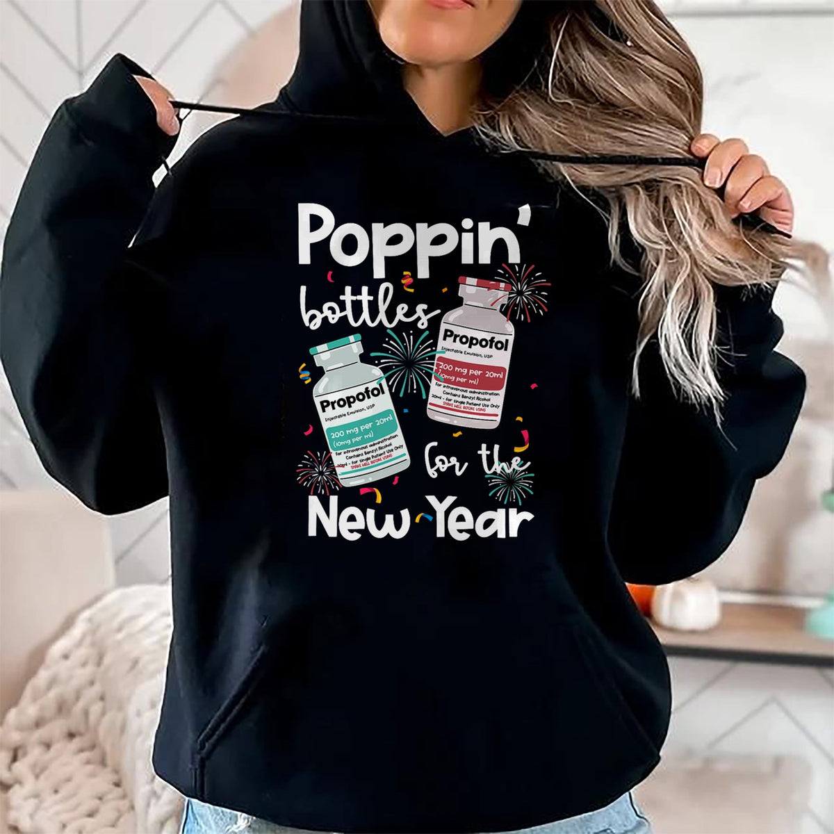 Funny Nurse Shirt, Nurse Unisex T-Shirt/Hoodie/Sweatshirt HLT00 - ICU Nurses New Year Eve Outfits Poppin Bottles PICU ER Nurse T-Shirt