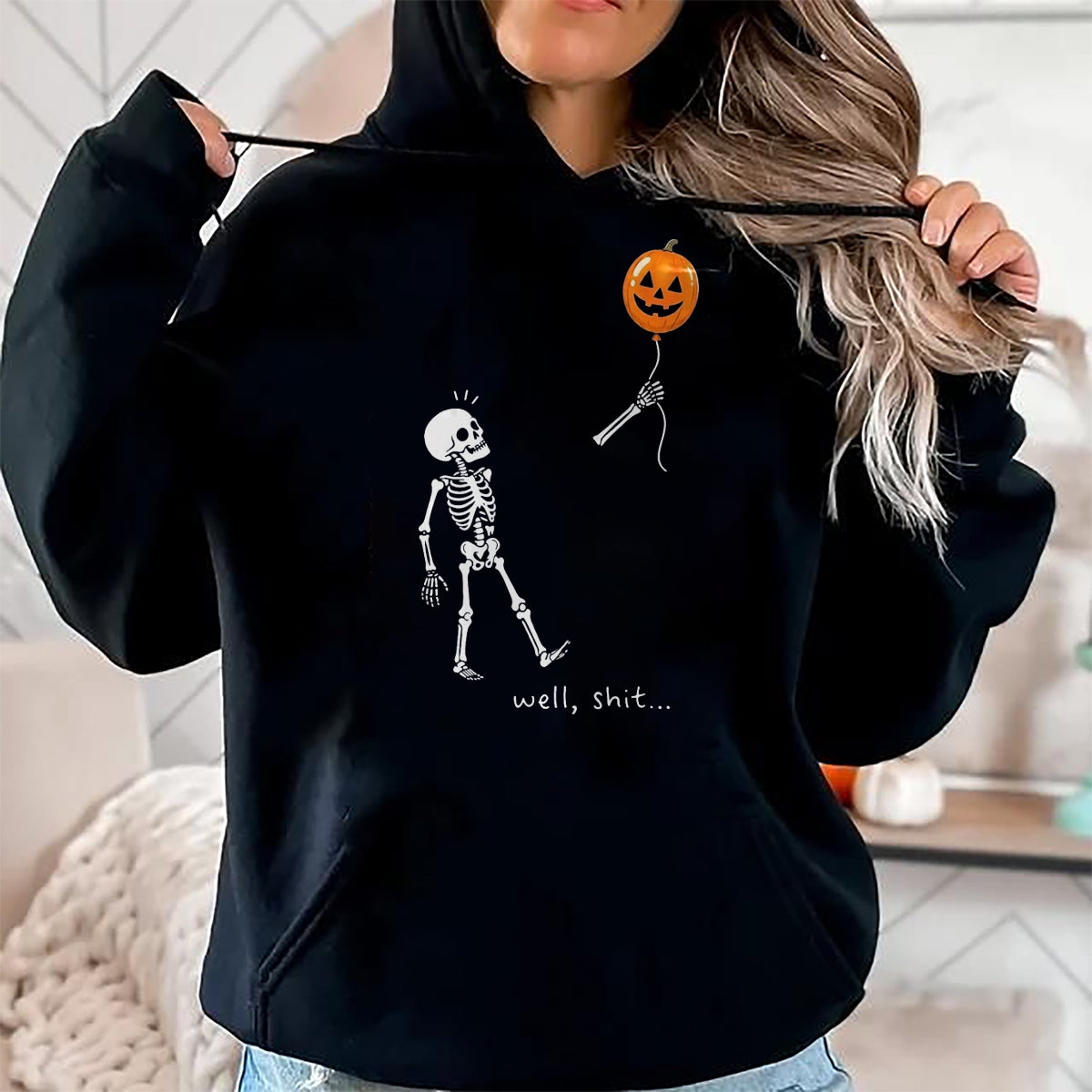 Best Thanksgiving Family Shirt , Funny Thanksgiving UnisexT-Shirt/Hoodie/Sweatshirt HLT00 - Well Shit Skeleton Holding Balloon Pumpkin Gothic Halloween T-Shirt, Men, Black, X-Large