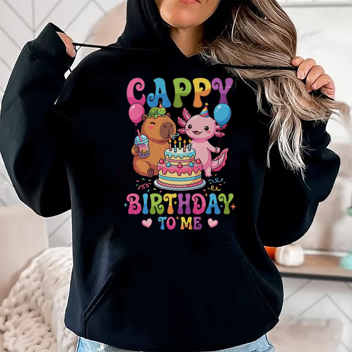 Cute Capybara Shirt, Funny Capybara Unisex T-Shirt/Hoodie/Sweatshirt HLT00 - Cute Happy Birthday to Me Capybara Axolotl Turtle Party T-Shirt
