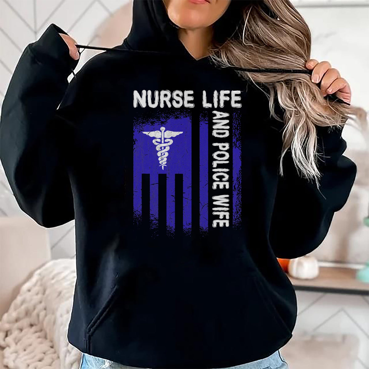 Funny Nurse Shirt, Nurse Unisex T-Shirt/Hoodie/Sweatshirt HLT00 - Nurse Life And Police Wife Flag American For Nurse & Police T-Shirt