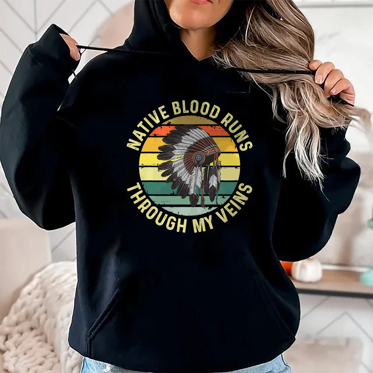 Native American T-Shirts, Vintage Native American Unisex T-Shirt/Hoodie/Sweatshirt HLT00 - Native Blood Runs Through My Veins Blood Indigenous American