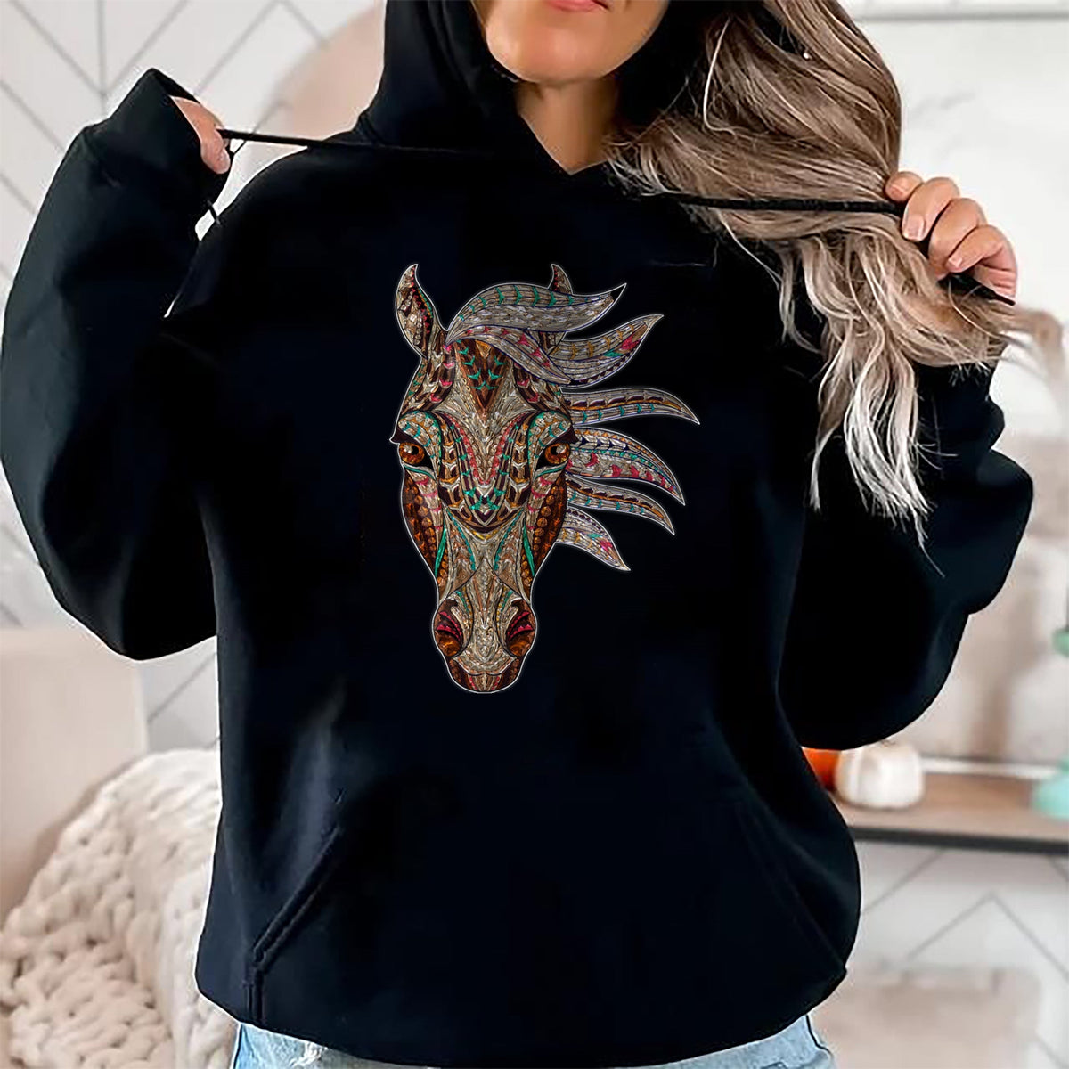 Native American T-Shirts, Vintage Native American Unisex T-Shirt/Hoodie/Sweatshirt HLT00 - Horse Tribal Abstract Art Native American Geometric Horse