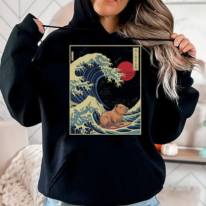 Cute Capybara Shirt, Funny Capybara Unisex T-Shirt/Hoodie/Sweatshirt HLT00 - Surfing Capybara Retro Kawaii T-Shirt