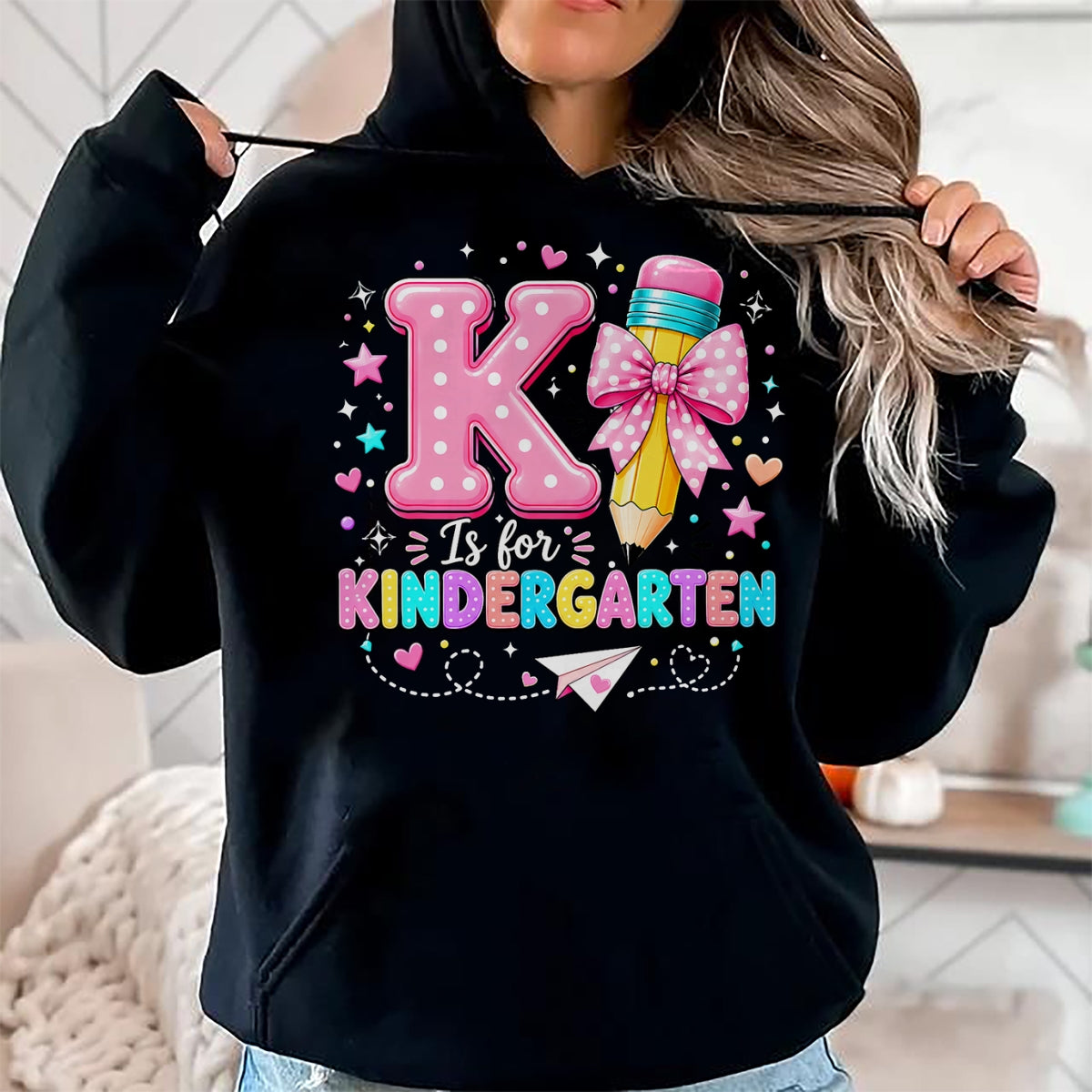 Best Teacher Shirt, Funny Teacher UnisexT-Shirt/Hoodie/Sweatshirt HLT00 - K is for Kindergarten Teacher Coquette Bow Back to School T-Shirt