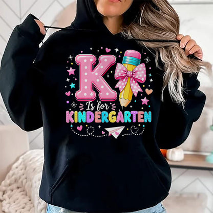 Best Teacher Shirt, Funny Teacher UnisexT-Shirt/Hoodie/Sweatshirt HLT00 - K is for Kindergarten Teacher Coquette Bow Back to School T-Shirt