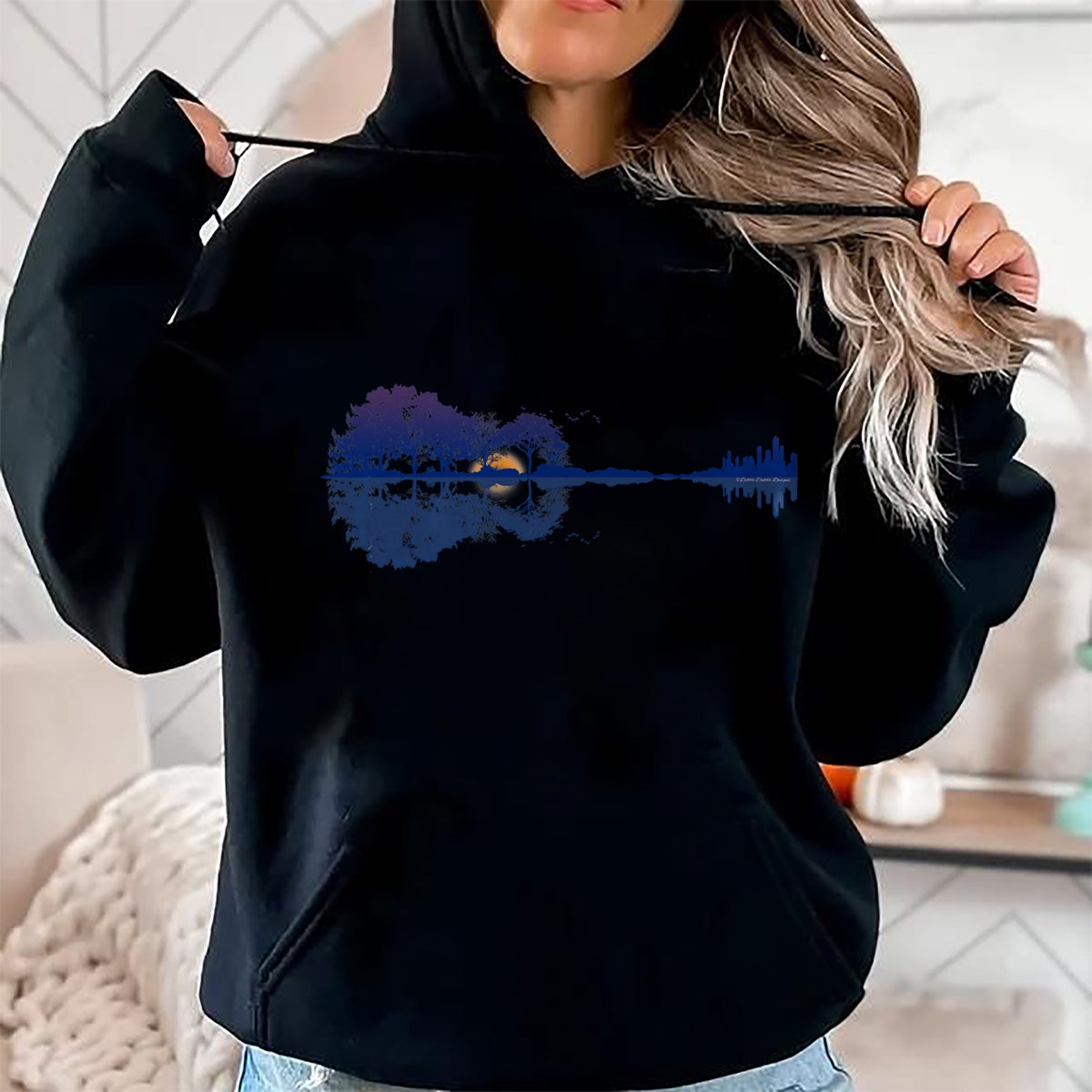 Guitar Lover Shirt, Funny Guitar UnisexT-Shirt/Hoodie/Sweatshirt HLT00 - Guitar Lake Reflections in Blue Music Lovers Guitar T-Shirt