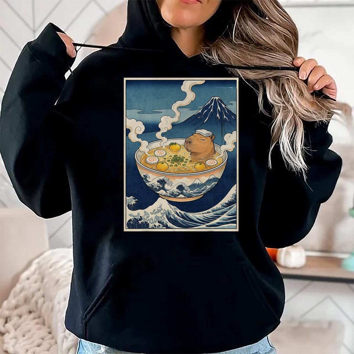 Cute Capybara Shirt, Funny Capybara Unisex T-Shirt/Hoodie/Sweatshirt HLT00 - Cute Capybara Ramen Mt Fuji Ukiyo-e Great Wave Japanese Art T-Shirt