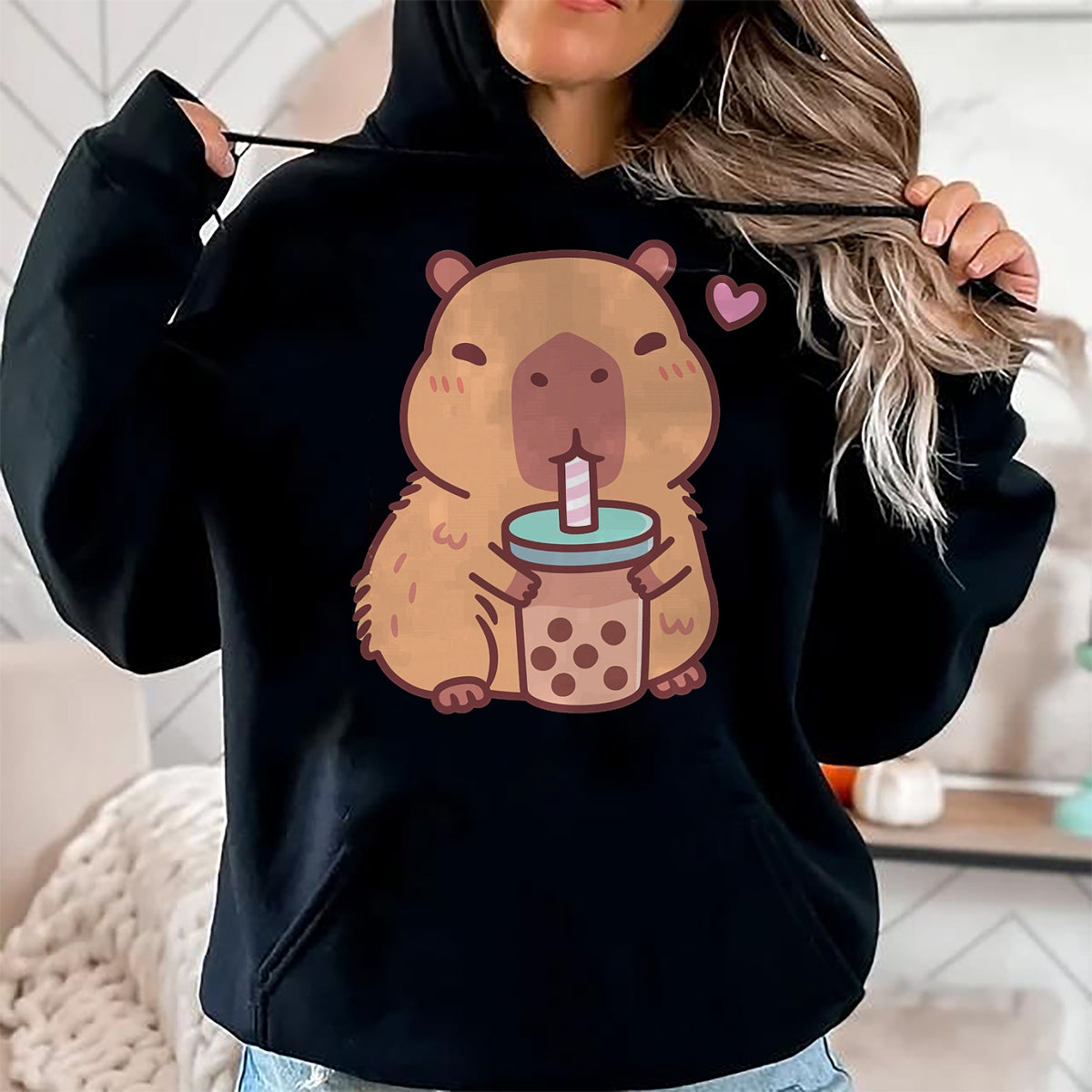 Cute Capybara Shirt, Funny Capybara Unisex T-Shirt/Hoodie/Sweatshirt HLT00 - Cute Capybara Kawaii Anime Drinking Bubble Tea Lover Girls T-Shirt