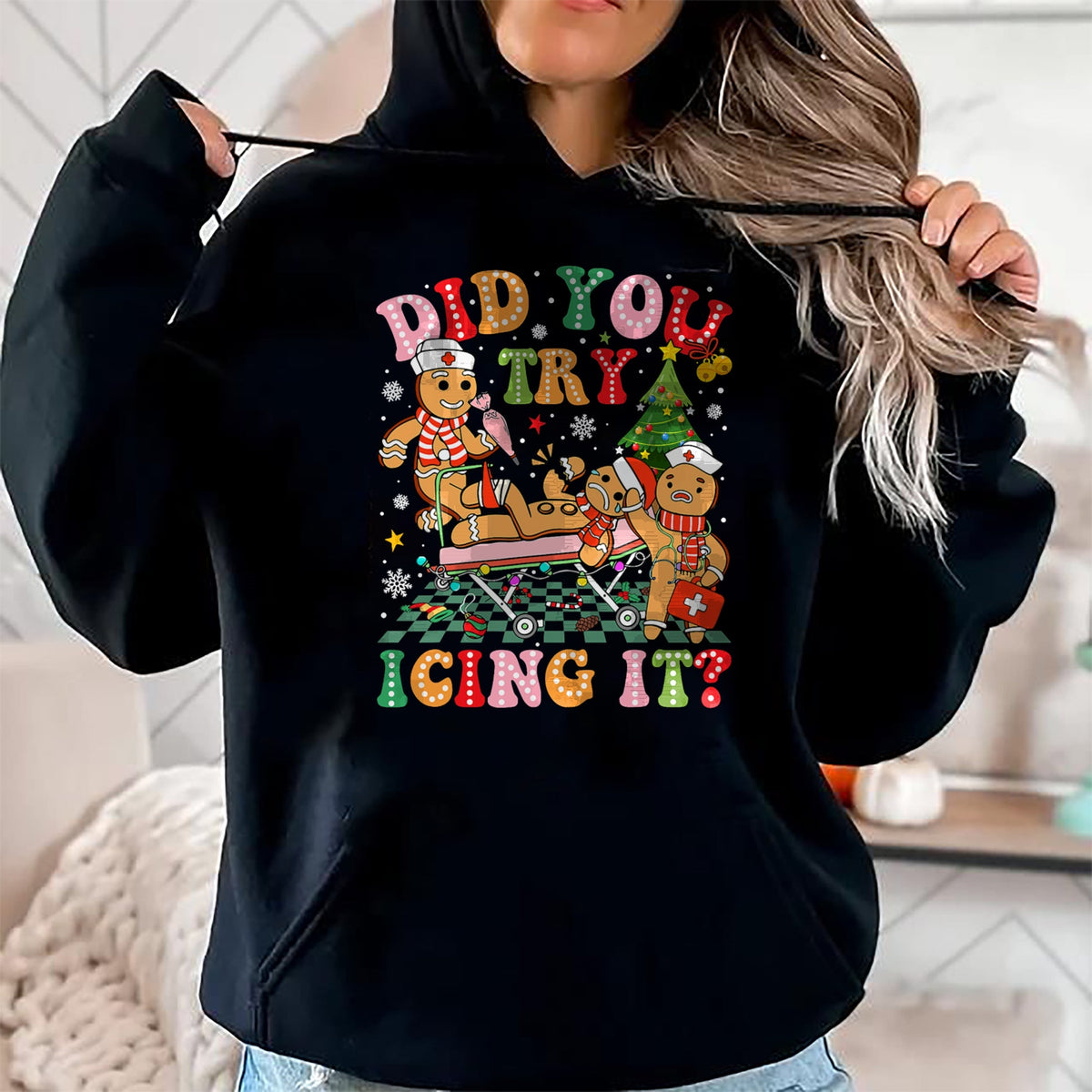 Funny Nurse Shirt, Nurse Unisex T-Shirt/Hoodie/Sweatshirt HLT00 - Retro ICU Nurse Christmas Gingerbread Did You Try Icing It T-Shirt (1)
