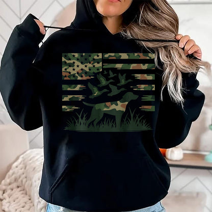 Funny Hunting Shirt, Gift For Hunting Lover Unisex T-Shirt/Hoodie/Sweatshirt HLT00 - Youth Camo Mallard Duck Hunting Dog Camouflage American Flag T-Shirt