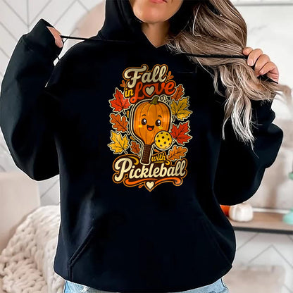 Funny Pickleball Shirt, Pickleball Lover Unisex T-Shirt/Hoodie/Sweatshirt HLT00 - Fall Pickleball Pumpkin Leaves Paddle Autumn Sports Lover T-Shirt
